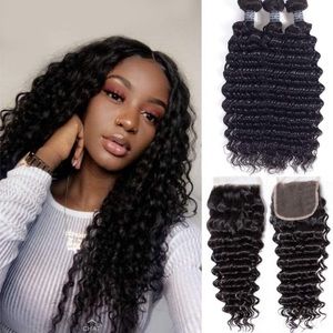 Amelia Hair 100% virgin Brazilian human hair bundles 16,18,20, 14 lace closure
